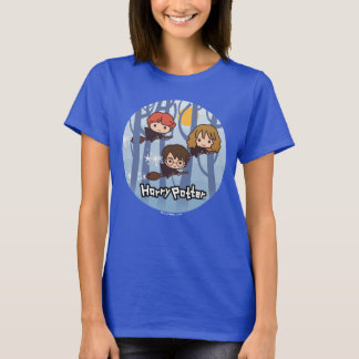 Cartoon Harry, Ron, & Hermione Flying In Woods T-Shirt