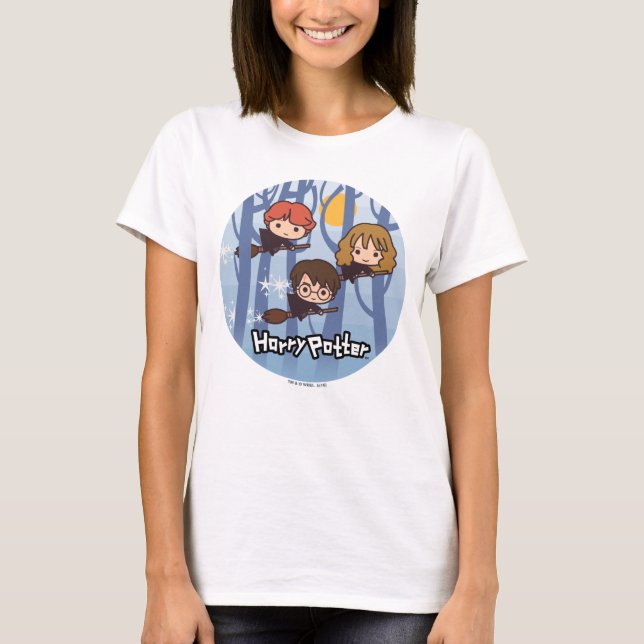 Cartoon Harry, Ron, & Hermione Flying In Woods T-Shirt (Front)