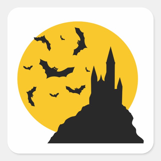 Cartoon Haunted Castle with Moon and Bats Square Sticker (Front)