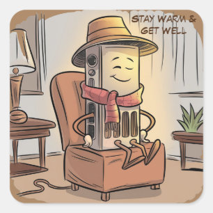 cartoon heater wearing hat square sticker