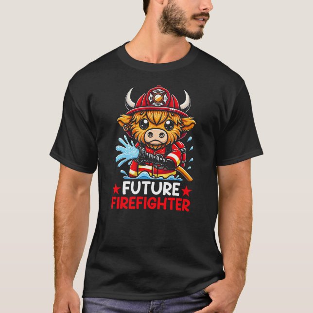 Cartoon Highland Cow Fireman Future Firefighter T-Shirt (Front)