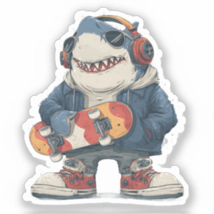 Cartoon Hip Hop Shark Character with Skateboard 