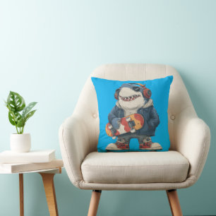 Cartoon Hip Hop Shark Character with Skateboard  Cushion