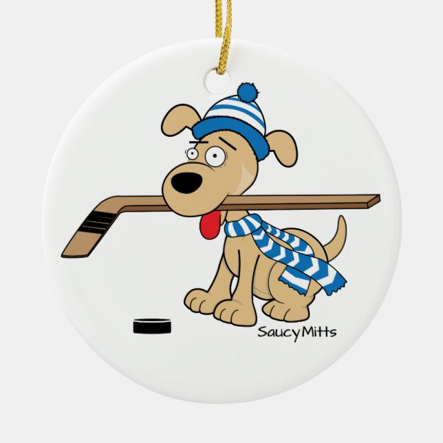 Cartoon Hockey Dog Christmas Ornament (Front)