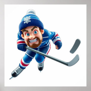 Cartoon Hockey Player Skating with Intense Express Poster