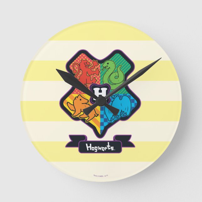 Cartoon Hogwarts Crest Round Clock (Front)
