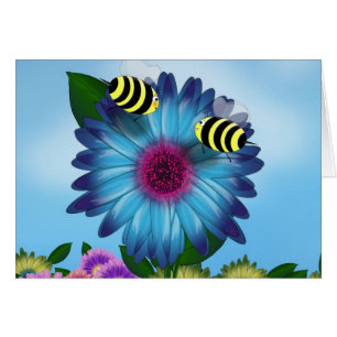 Cartoon Honey Bees Meeting on Blue Flower