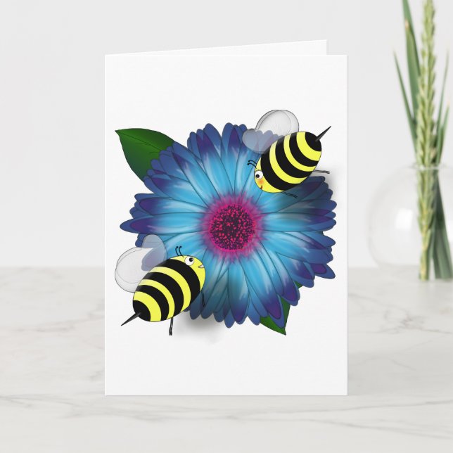 Cartoon Honey Bees Meeting on Blue Flower Card (Front)