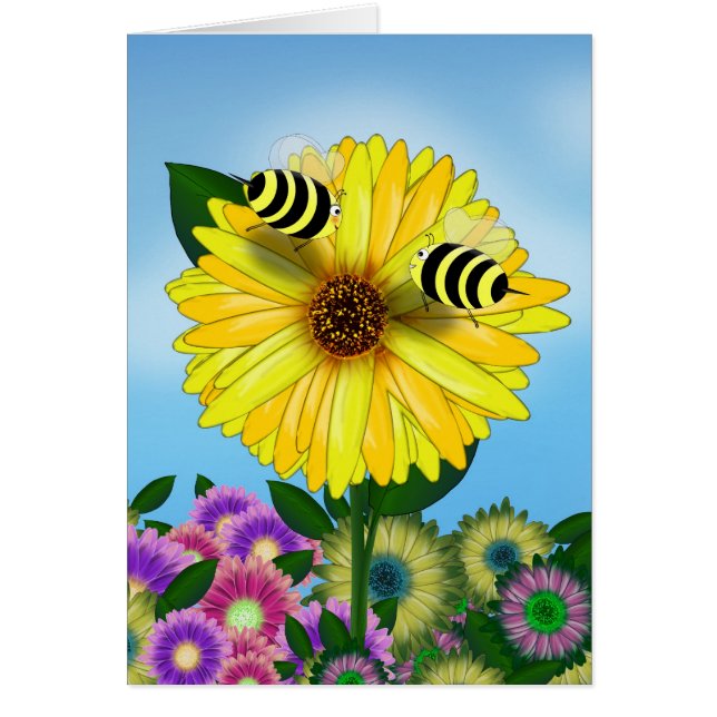 Cartoon Honey Bees Meeting on Yellow Flower (Front)