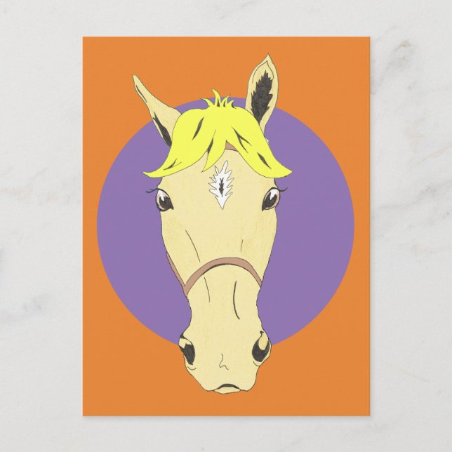 Cartoon horse face on purple and orange background postcard (Front)