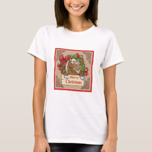 Cartoon Horse With Wreath  Merry Christmas Sign   T-Shirt