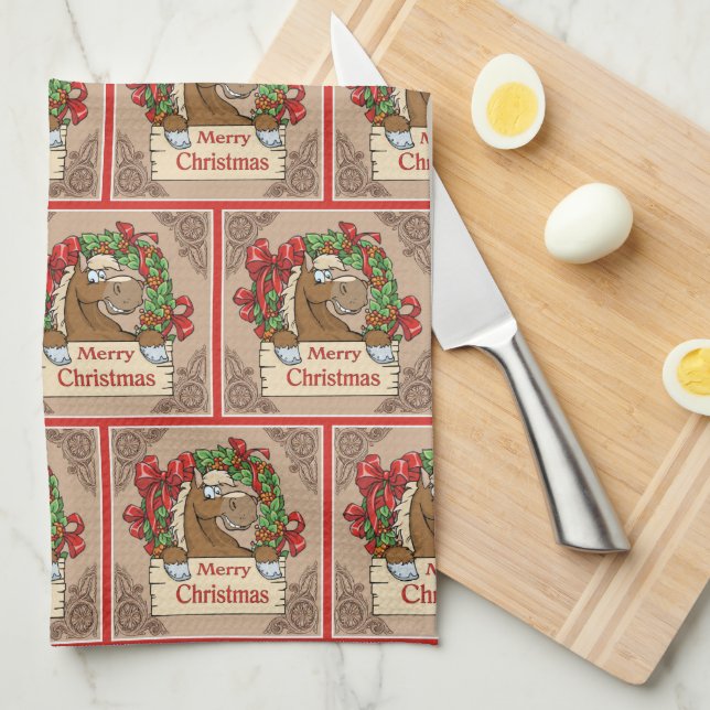 Cartoon Horse With Wreath  Merry Christmas Sign   Tea Towel (Quarter Fold)