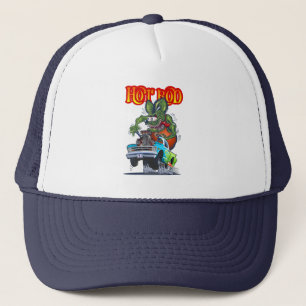 Cartoon hot rod trucker hat