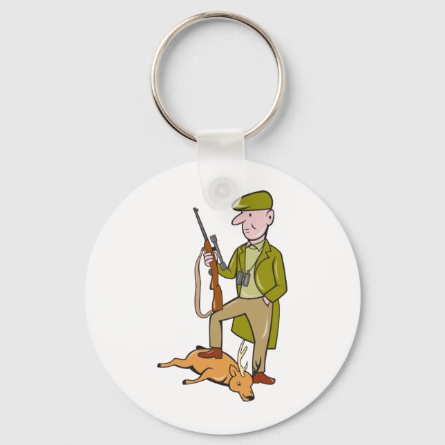 Cartoon Hunter With Rifle Standing on Deer Key Ring (Front)