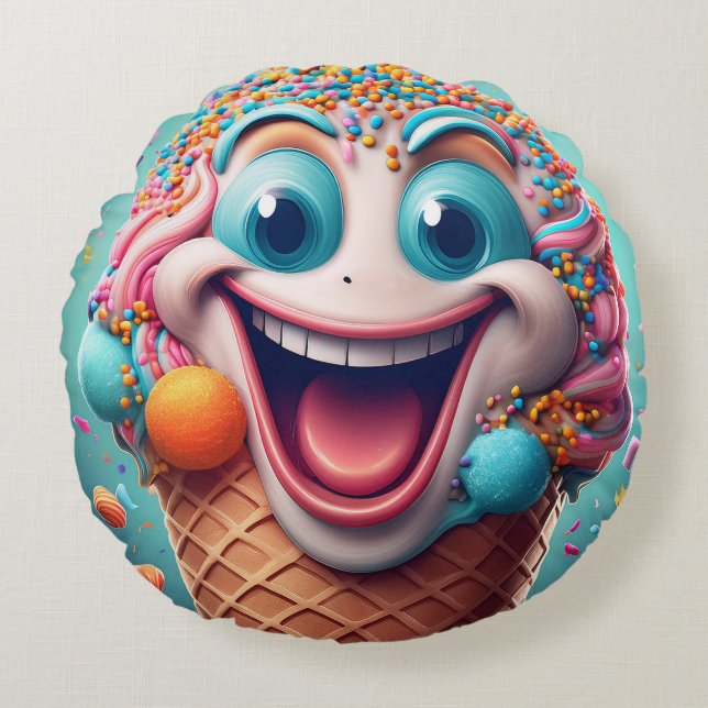 Cartoon Ice Cream Cone Round Pillow – Whimsical  (Front)