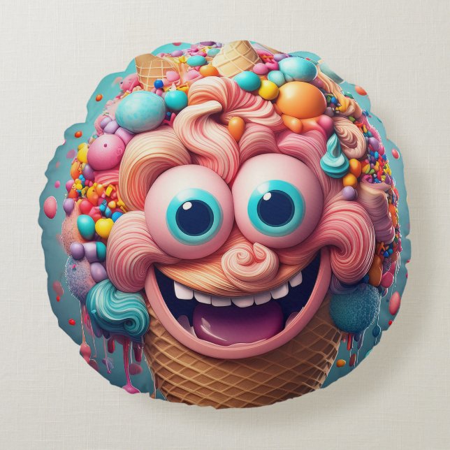 Cartoon Ice Cream Cone Round Pillow – Whimsical  (Front)