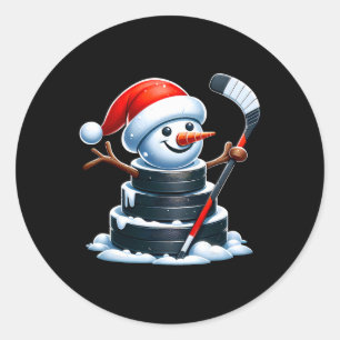 Cartoon Ice Hockey Puck Snowman With Santa Hat Chr Classic Round Sticker