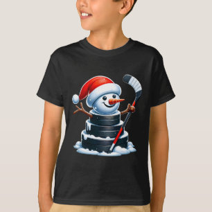 Cartoon Ice Hockey Puck Snowman With Santa Hat Chr T-Shirt
