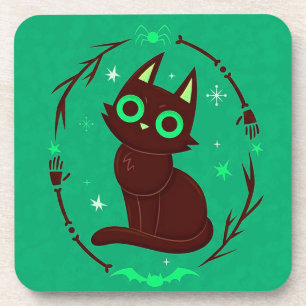 Cartoon Illustration of a Black Cat Halloween Coaster