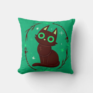 Cartoon Illustration of a Black Cat Halloween Cushion