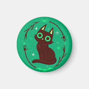 Cartoon Illustration of a Black Cat Halloween Magnet