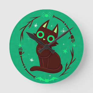 Cartoon Illustration of a Black Cat Halloween Round Clock