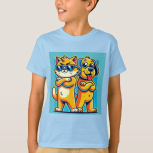 Cartoon Illustration of a Cat and Cheerful Dog T-Shirt