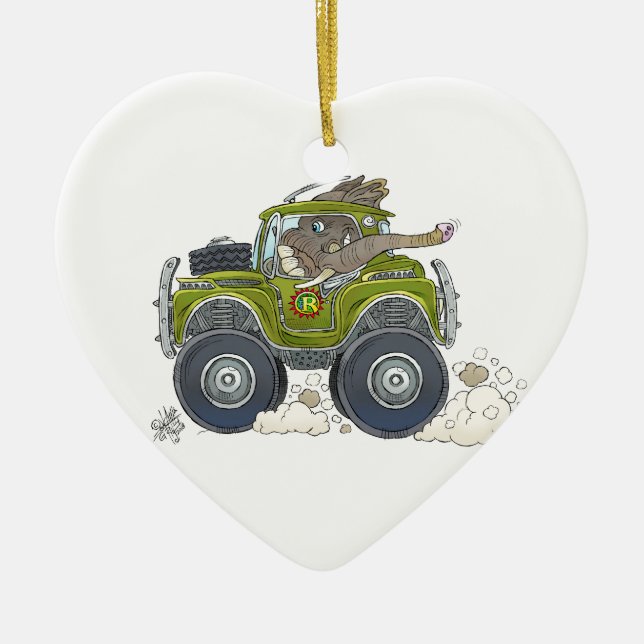 Cartoon illustration of a Elephant driving a jeep. Ceramic Tree Decoration (Front)