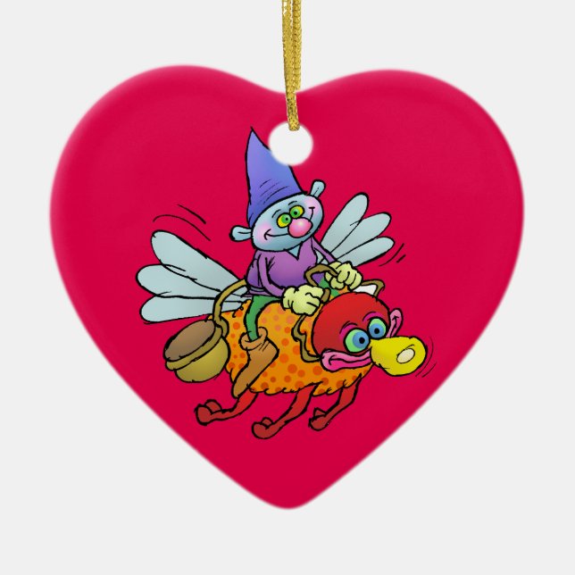 Cartoon illustration of a gnome riding an bee. ceramic tree decoration (Front)