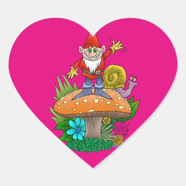 Cartoon illustration of a standing waving gnome. heart sticker (Front)