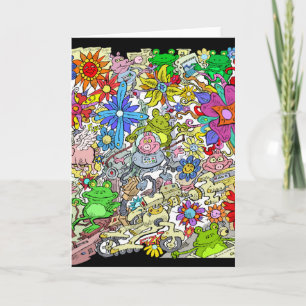 Cartoon illustration, of pigs, flowers and frogs. holiday card