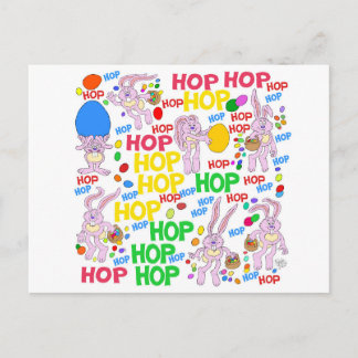 Cartoon illustration of pink bunnies on a postcard