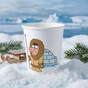 Cartoon Inuit Eskimo with Spear and Igloo Paper Cups