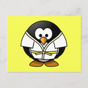 Cartoon Judo Penguin Yellow Background Postcard