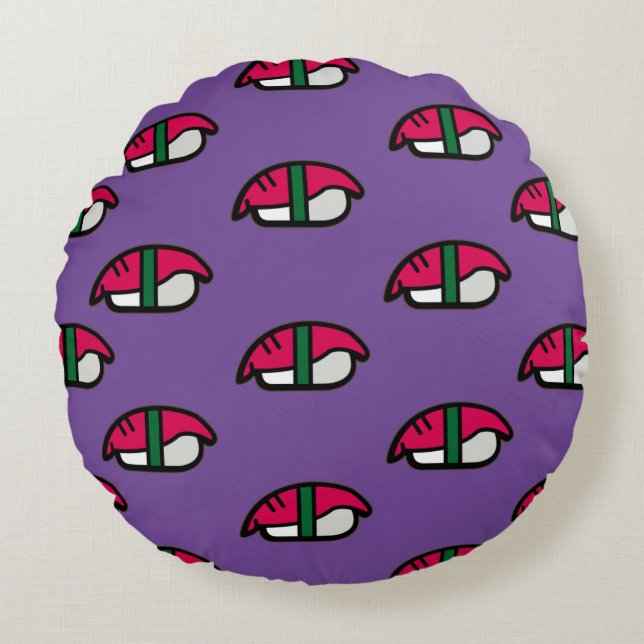 Cartoon Kawaii Sushi, Fish Rice & Seaweed Round Cushion (Front)