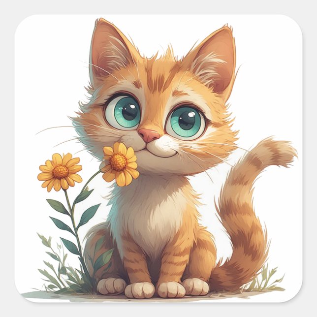 Cartoon Kitten With Flower Garden 🐾 Square Sticker (Front)