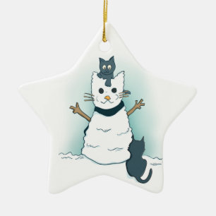 Cartoon Kittens Making a Christmas Snow Cat Ceramic Tree Decoration