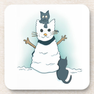 Cartoon Kittens Making a Christmas Snow Cat Coaster
