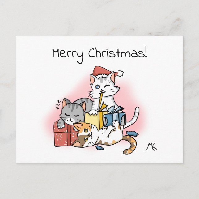 Cartoon Kittens unwrapping Christmas Presents Holiday Postcard (Front)