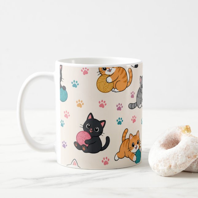 Cartoon Kittens with yarn Coffee Mug (With Donut)