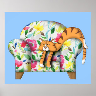 Cartoon Kitty asleep on a floral chair Poster