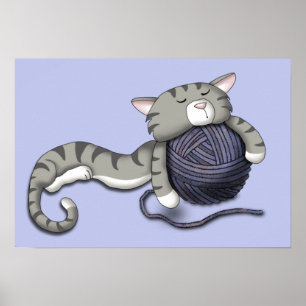 Cartoon Kitty with ball of yarn Poster