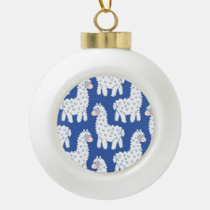 Cartoon lama alpaca, vintage pattern ceramic ball christmas ornament