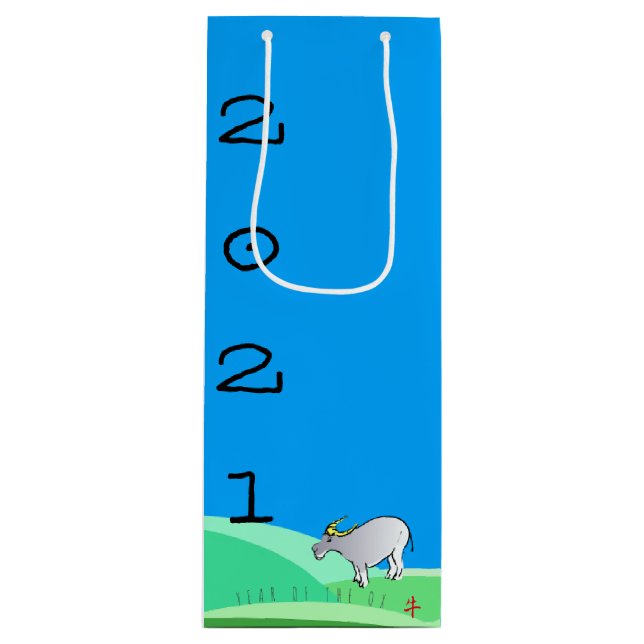 Cartoon Landscape Ox Chinese New Year Zodiac WGB Wine Gift Bag (Front)