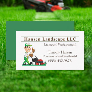 Cartoon Lawn Mowing Guy Landscaping Yard Service Business Card
