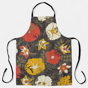 cartoon leaves and flowers on a dark background in apron