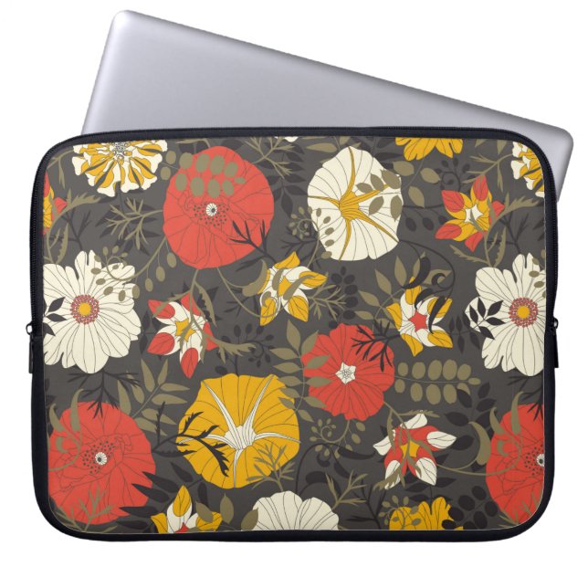 cartoon leaves and flowers on a dark background in laptop sleeve (Front)
