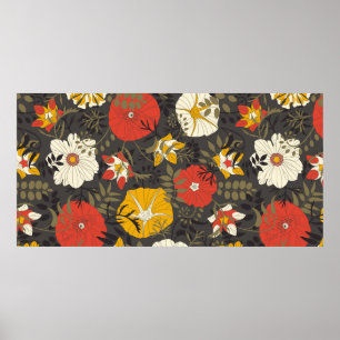 cartoon leaves and flowers on a dark background in poster