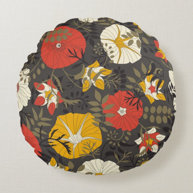 cartoon leaves and flowers on a dark background in round cushion (Front)