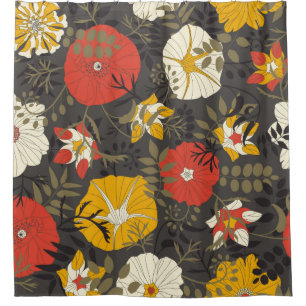 cartoon leaves and flowers on a dark background in shower curtain